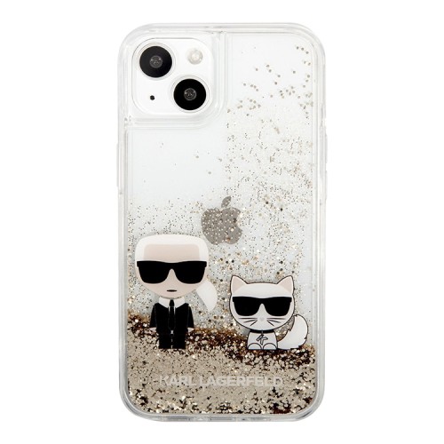 Чехол Lagerfeld Liquid glitter Karl and Choupette Hard для iPhone 13, золотой
