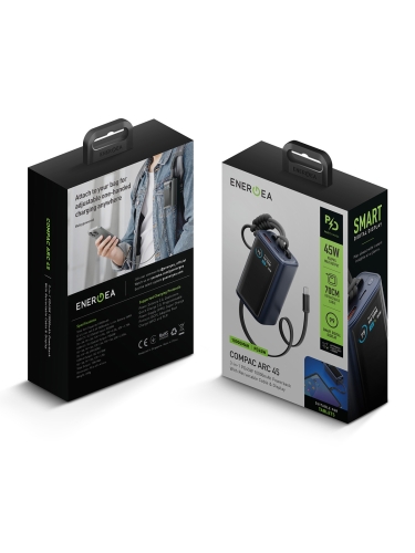 Energea аккумулятор внешний Compac Arc, 10000 USB-C+A +retractable USB-C cable and Display PD45W Blue
