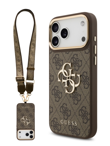 (Уценка) Guess для iPhone 17 Pro Max чехол Crossbody PU 4G Big metal logo Gold camera Hard + Strap Brown