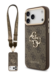 (Уценка) Guess для iPhone 17 Pro Max чехол Crossbody PU 4G Big metal logo Gold camera Hard + Strap Brown