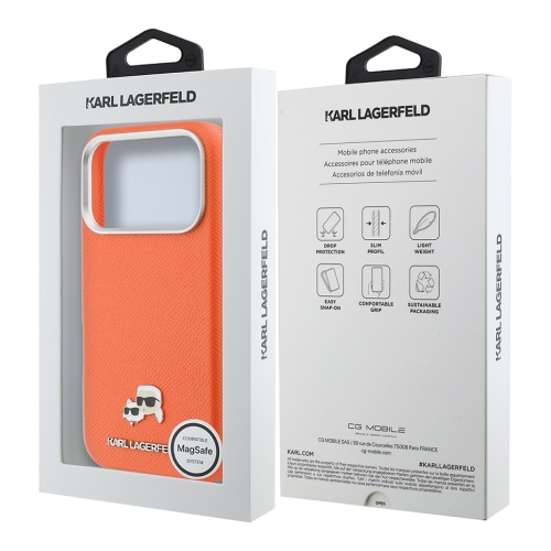 Karl Lagerfeld для iPhone 17 Pro Max чехол PU Saffiano FW NFT Karl&Choupette metal&Cam Hard Orange (MagSafe)