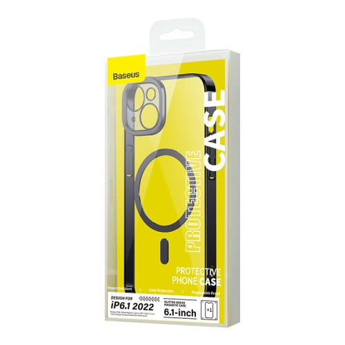 Чехол Baseus Glitter Magnetic PC case +Tempered glass для iPhone 14, черная рамка