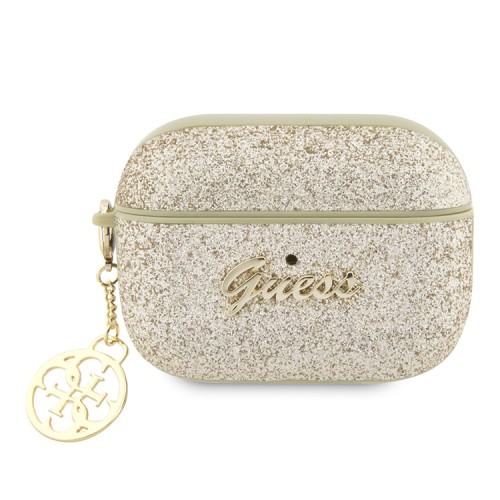 Чехол Guess Glitter flakes Metal logo with Heart charm для Airpods Pro 2, золотой