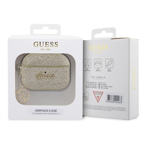 Чехол Guess Glitter flakes Metal logo with Heart charm для Airpods Pro 2, золотой