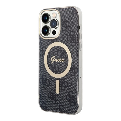 Чехол Guess 4G Hard для iPhone 14 Pro, черный/золотой (MagSafe)