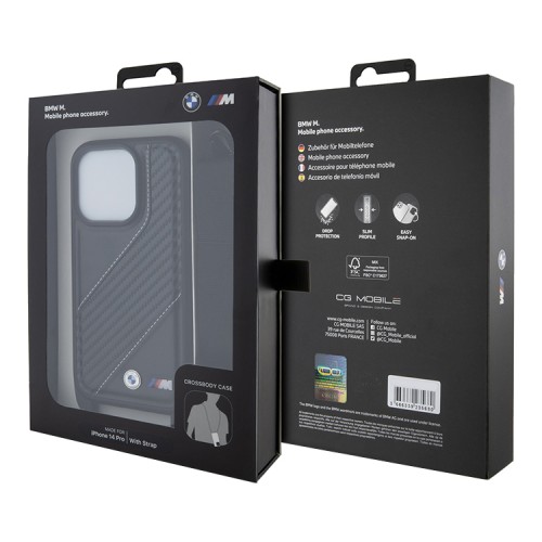 BMW для iPhone 14 Pro чехол Crossbody PU Carbon stripe Metal logo + Strap Hard Black