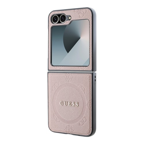 Guess для Galaxy Z Flip 6 чехол PU кожа Saffiano Peony Metal logo Pink (Magnetic QI2)