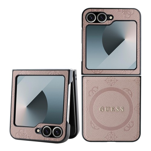 Guess для Galaxy Z Flip 6 чехол PU кожа Saffiano Peony Metal logo Pink (Magnetic QI2)