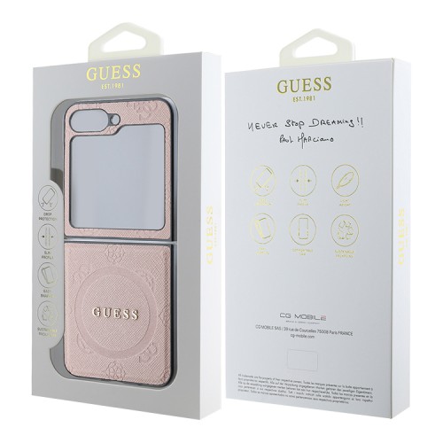 Guess для Galaxy Z Flip 6 чехол PU кожа Saffiano Peony Metal logo Pink (Magnetic QI2)