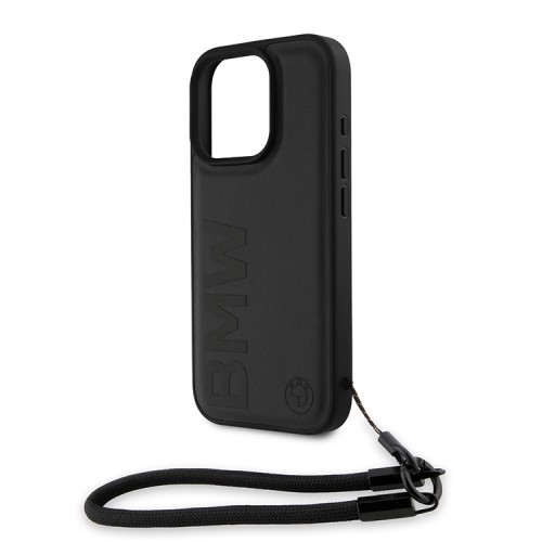 BMW для iPhone 16 Pro Max чехол Signature Leather Wordmark + Hand Cord Hard Black