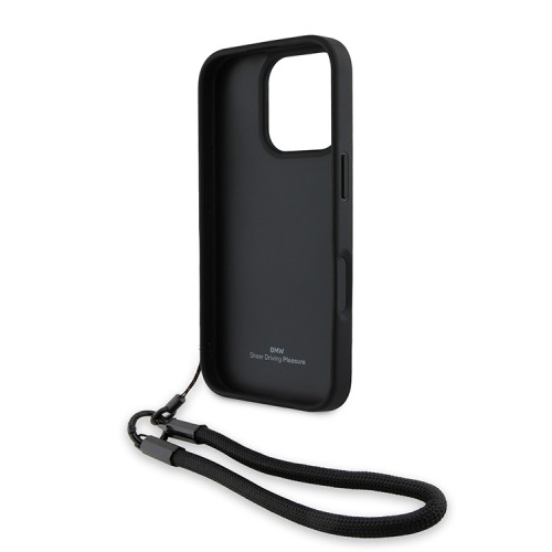 BMW для iPhone 16 Pro Max чехол Signature Leather Wordmark + Hand Cord Hard Black