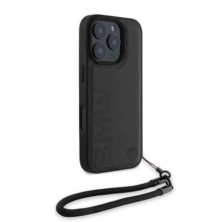 BMW для iPhone 16 Pro Max чехол Signature Leather Wordmark + Hand Cord Hard Black