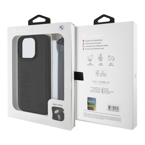 BMW для iPhone 16 Pro Max чехол Signature Leather Wordmark + Hand Cord Hard Black