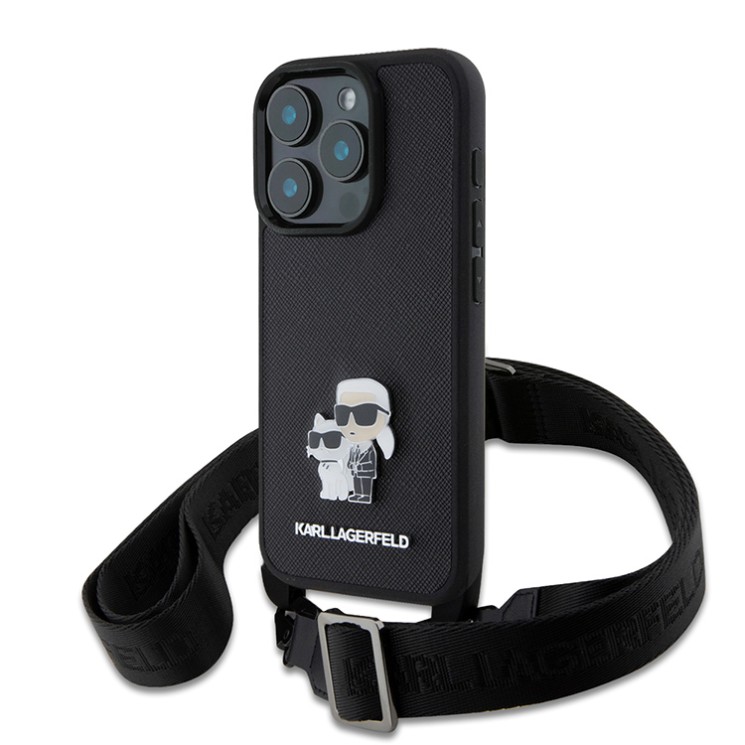 Karl Lagerfeld для iPhone 16 Pro Max чехол Crossbody PU Saffiano NFT Karl&Choup Metal +Strap Hard Black