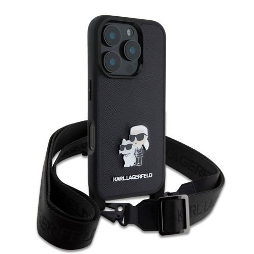 Karl Lagerfeld для iPhone 16 Pro Max чехол Crossbody PU Saffiano NFT Karl&Choup Metal +Strap Hard Black