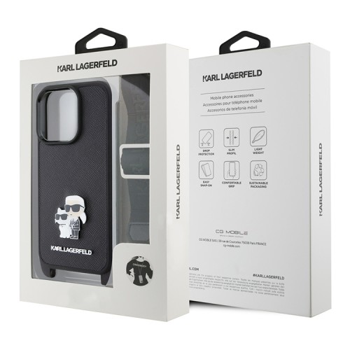 Karl Lagerfeld для iPhone 16 Pro Max чехол Crossbody PU Saffiano NFT Karl&Choup Metal +Strap Hard Black