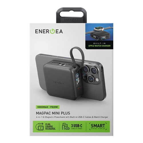 Energea АКБ MagPac MINI Plus, 10000W Magnetic wireless 15W +С 20W +2 C cables and Display Black