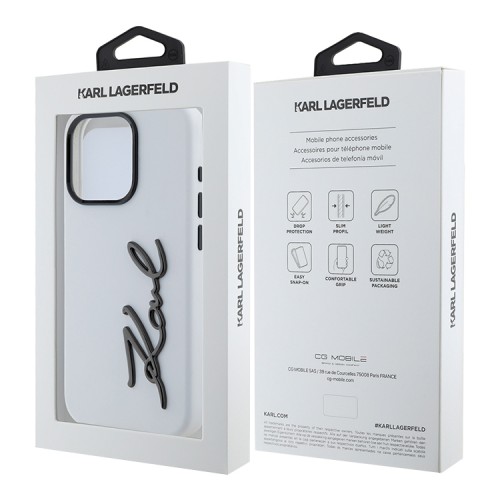 Karl Lagerfeld для iPhone 15 Pro Max чехол Liquid silicone Signature Metal logo & Camera frame Hard White