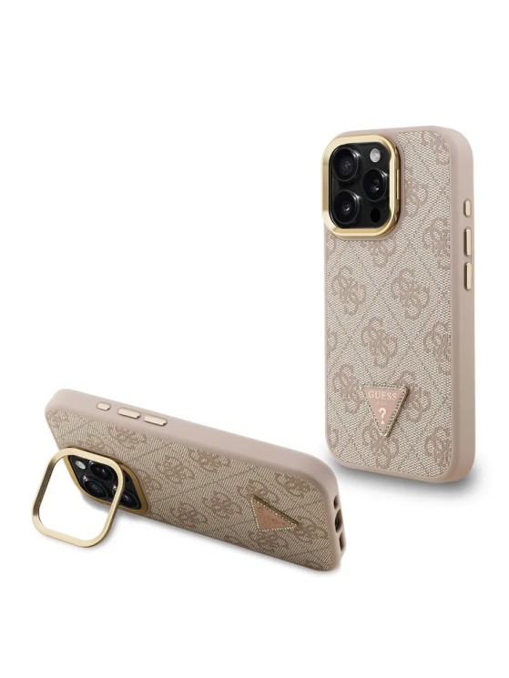 Guess для iPhone 15 Pro Max чехол PU 4G Triangle metal logo and Camera Stand Hard Pink (MagSafe)