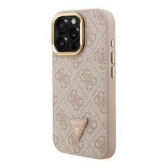 Guess для iPhone 15 Pro Max чехол PU 4G Triangle metal logo and Camera Stand Hard Pink (MagSafe)