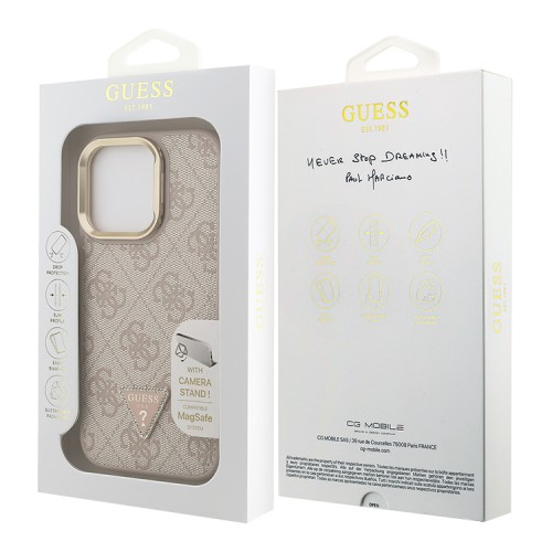 Guess для iPhone 15 Pro Max чехол PU 4G Triangle metal logo and Camera Stand Hard Pink (MagSafe)