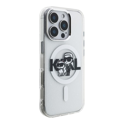 Karl Lagerfeld для iPhone 16 Pro чехол PC/TPU Sketch Karl&Choupette Glitter прозрачный (MagSafe)