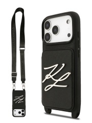 Karl Lagerfeld для iPhone 17 Pro чехол Crossbody cardslot PU Saffiano Autograph Hard Black
