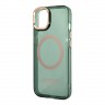 Чехол Guess Metal outline Hard Translucent для iPhone 14, зеленый/золотой (MagSafe)