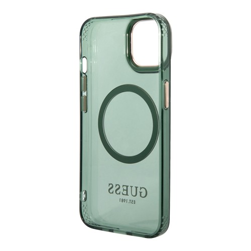 Чехол Guess Metal outline Hard Translucent для iPhone 14, зеленый/золотой (MagSafe)