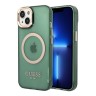 Чехол Guess Metal outline Hard Translucent для iPhone 14, зеленый/золотой (MagSafe)