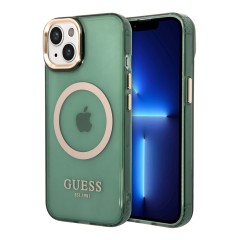 Чехол Guess Metal outline Hard Translucent для iPhone 14, зеленый/золотой (MagSafe)