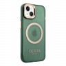 Чехол Guess Metal outline Hard Translucent для iPhone 14, зеленый/золотой (MagSafe)