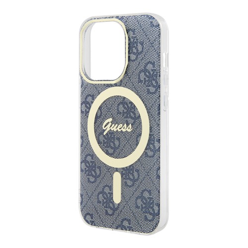 Чехол Guess 4G Hard для iPhone 14 Pro, синий/золотой (MagSafe)