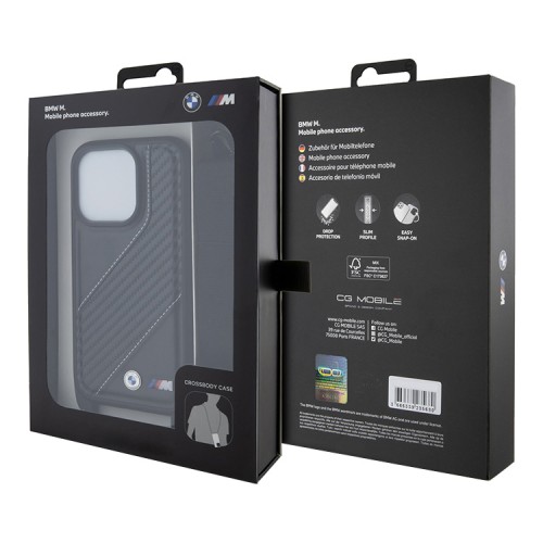 BMW для iPhone 14 Pro Max чехол Crossbody PU Carbon stripe Metal logo + Strap Hard Black