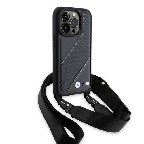 BMW для iPhone 14 Pro Max чехол Crossbody PU Carbon stripe Metal logo + Strap Hard Black