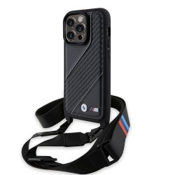 BMW для iPhone 14 Pro Max чехол Crossbody PU Carbon stripe Metal logo + Strap Hard Black