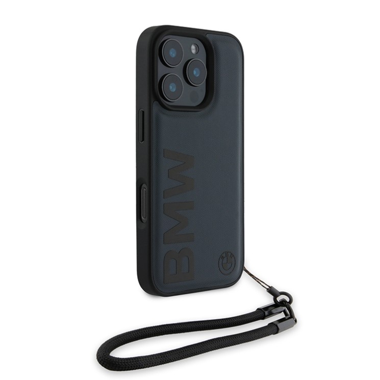 BMW для iPhone 16 Pro Max чехол Signature Leather Wordmark + Hand Cord Hard Blue