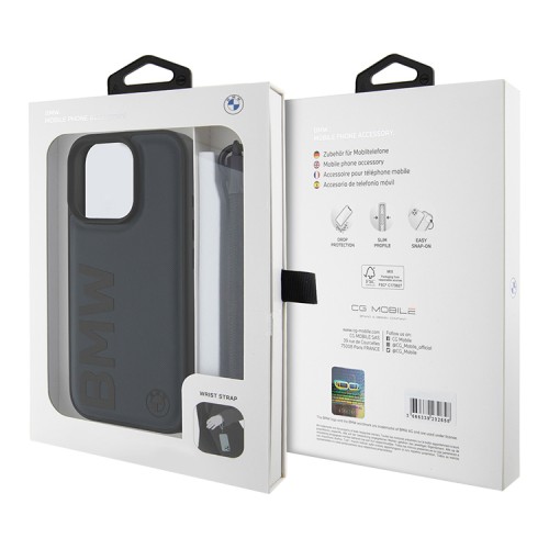 BMW для iPhone 16 Pro Max чехол Signature Leather Wordmark + Hand Cord Hard Blue