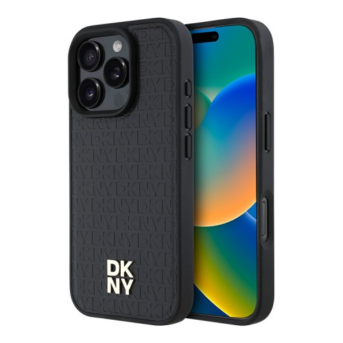 DKNY для iPhone 16 Pro чехол PU Repeat Stack metal logo Hard Black (MagSafe)