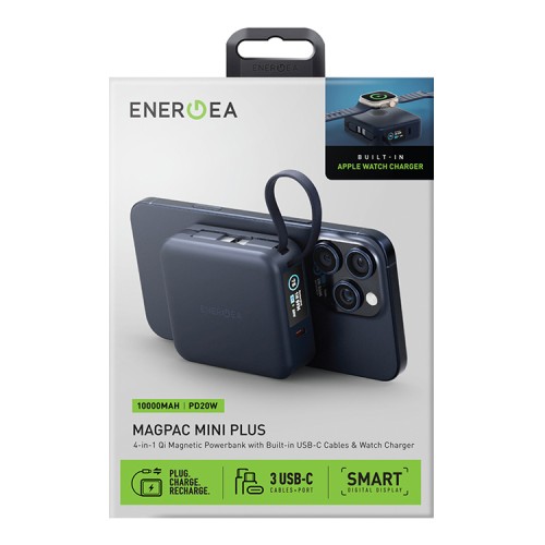 Energea АКБ MagPac MINI Plus, 10000W Magnetic wireless 15W +С 20W +2 C cables and Display Blue