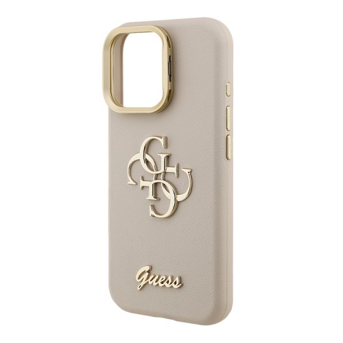 Guess для iPhone 15 Pro Max чехол PU Grained leather 4G Big metal logo and Camera Stand Hard Beige
