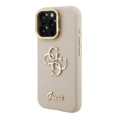 Guess для iPhone 15 Pro Max чехол PU Grained leather 4G Big metal logo and Camera Stand Hard Beige