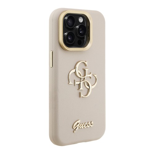 Guess для iPhone 15 Pro Max чехол PU Grained leather 4G Big metal logo and Camera Stand Hard Beige