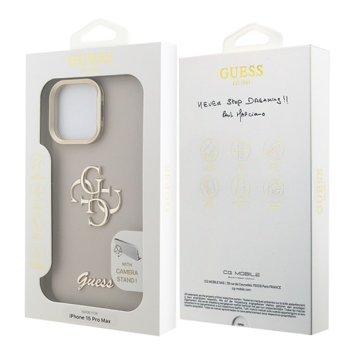 Guess для iPhone 15 Pro Max чехол PU Grained leather 4G Big metal logo and Camera Stand Hard Beige