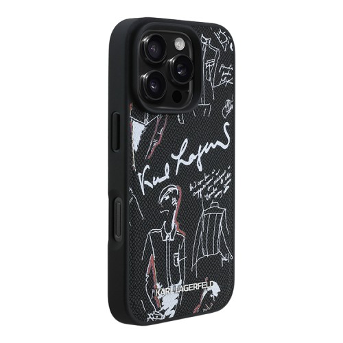 Karl Lagerfeld для iPhone 16 Pro чехол PU Grained leather Sketch with Metal logo Black (MagSafe)