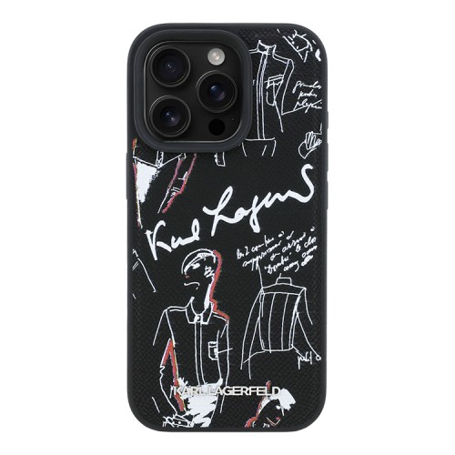 Karl Lagerfeld для iPhone 16 Pro чехол PU Grained leather Sketch with Metal logo Black (MagSafe)