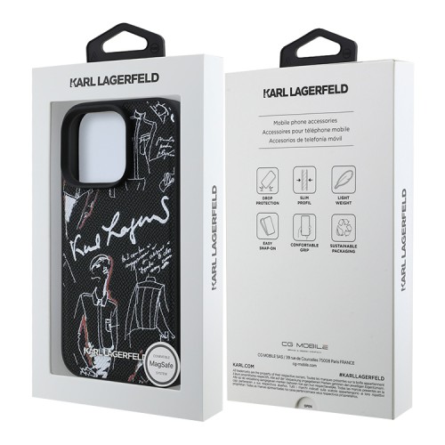 Karl Lagerfeld для iPhone 16 Pro чехол PU Grained leather Sketch with Metal logo Black (MagSafe)