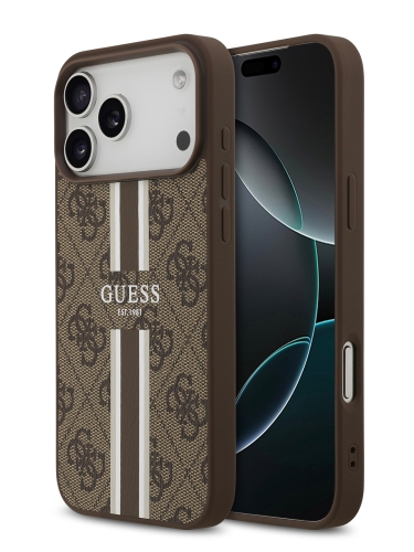 Guess для iPhone 17 Pro Max чехол PU 4G Stripes Hard Brown (MagSafe)