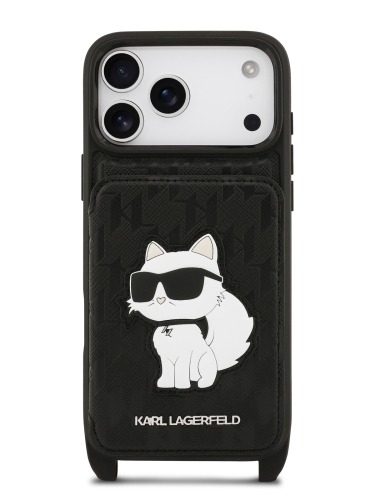 Karl Lagerfeld для iPhone 17 Pro чехол Crossbody cardslot PU Saffiano Monogram NFT Choupette Hard Black
