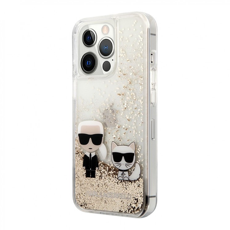 Чехол Karl Lagerfeld Liquid glitter Karl and Choupette Hard для iPhone 13 Pro, золотой